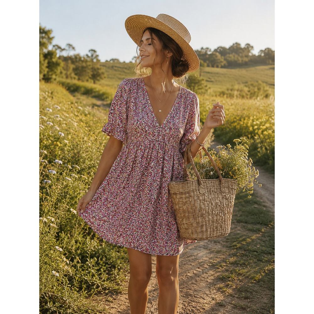 Natural Life Floral Mini Dress XS/S Boho Cottagecore Puff Sleeve Pocket Dress - Picture 2 of 9